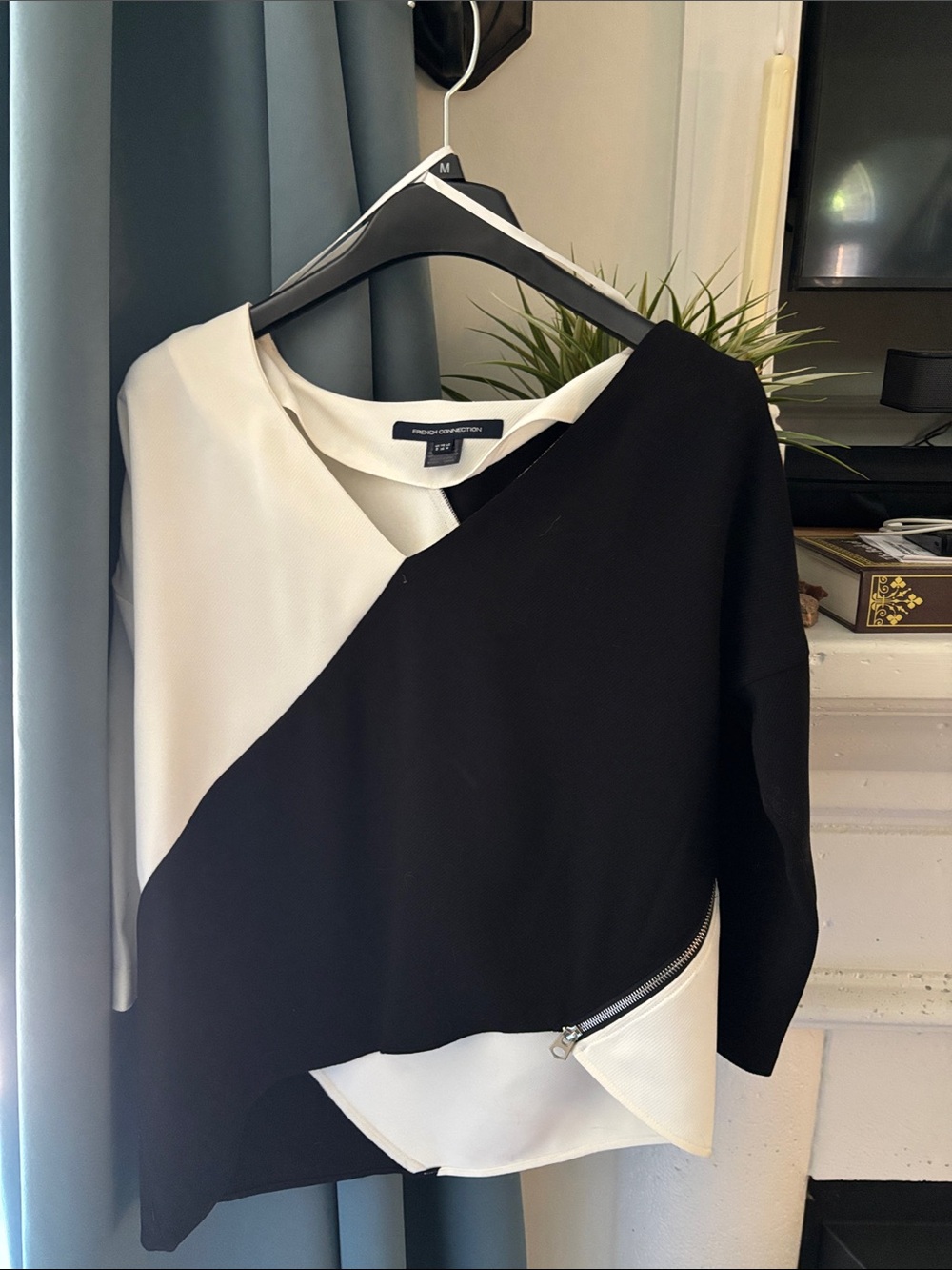 French Connection Black and White Asymmetric V-Neck Dress